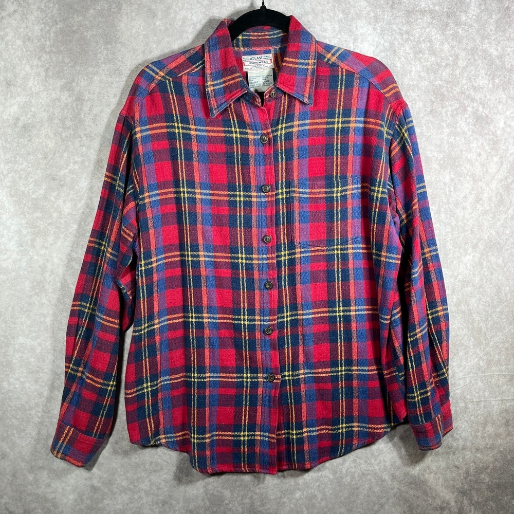 Vintage Atlast Jeanswear Shirt Mens Large Red Blue Plaid Flannel Button Up